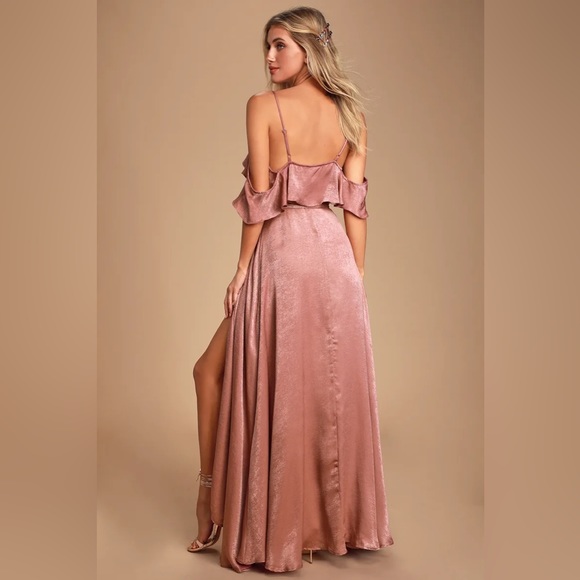 Lulu’s Moriah Rose Satin Cold-Shoulder Wrap Maxi Dress // Bridesmaid Dress - Picture 3 of 5